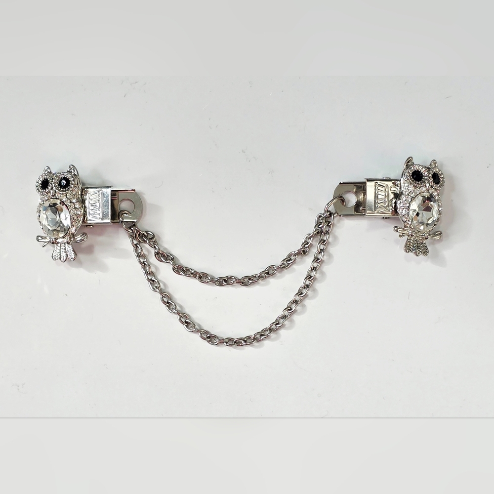 Silver Rhinestone Sweater Clip With Owls